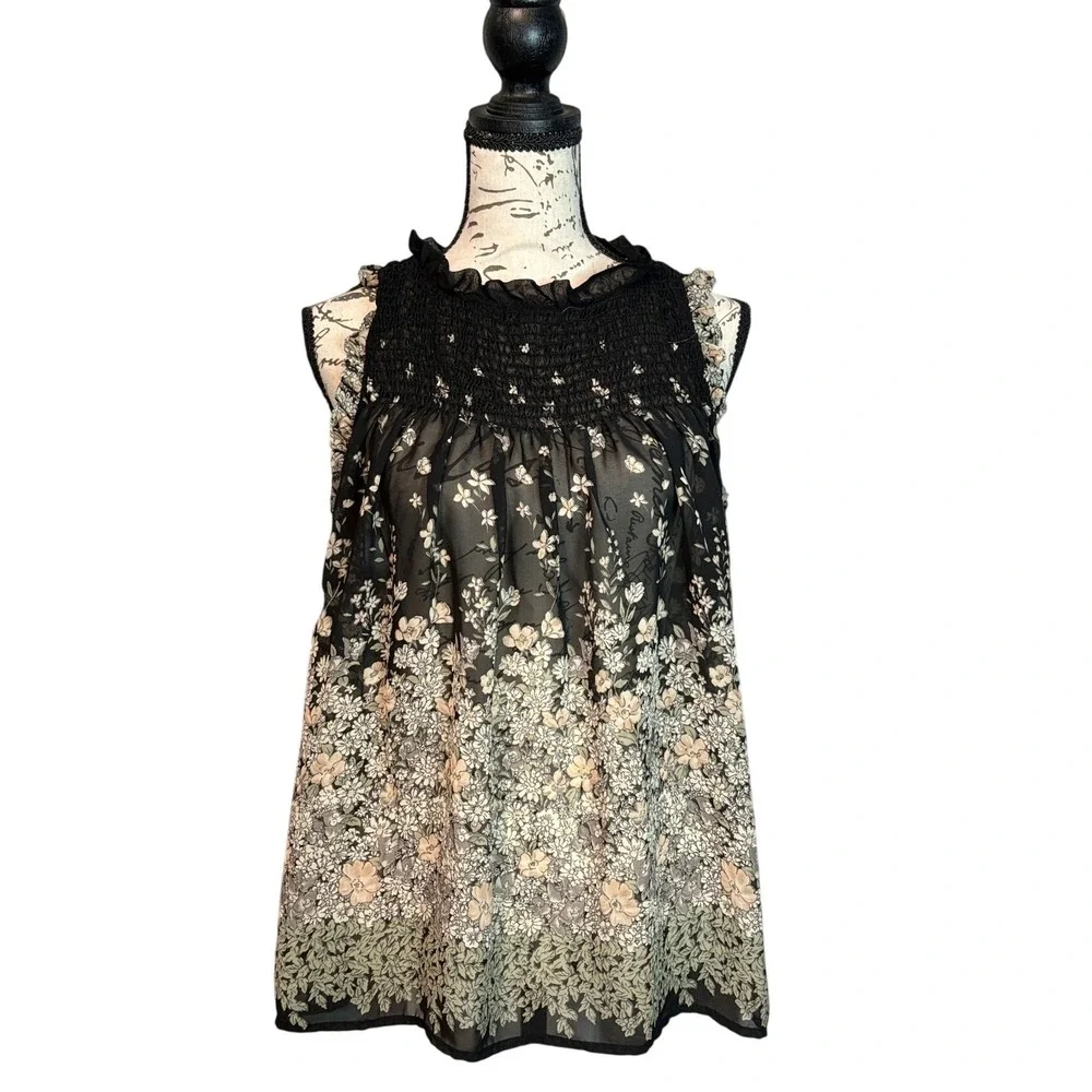 Altar'd State Black Floral Smocked High Neck‎ Ruffle Sleeveless Blouse Small